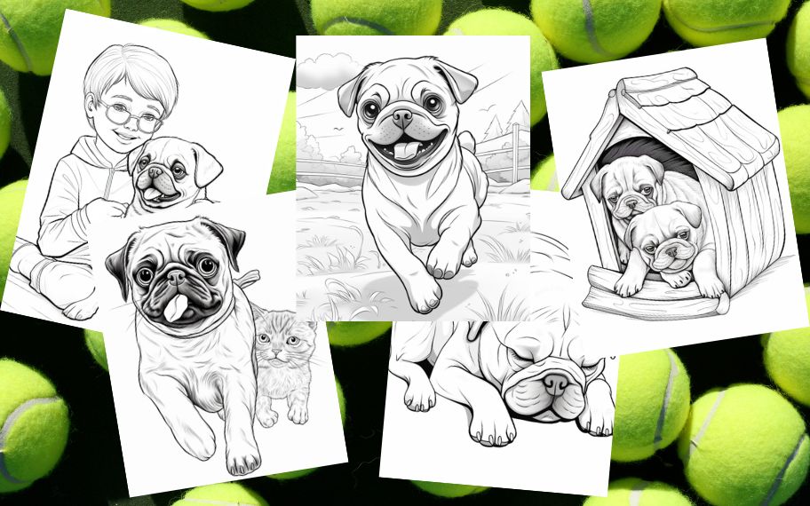 collage of five black & white coloring pages of pugs