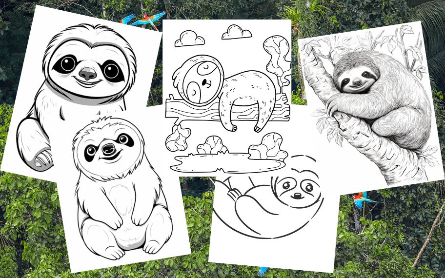 collage of five black and white coloring pages of sloths